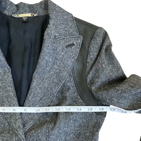 Bebe Sz XS Y2K Wool Silk Blend Tweed Blazer Fitted Feminine Leather Panels Sexy - Picture 9 of 16